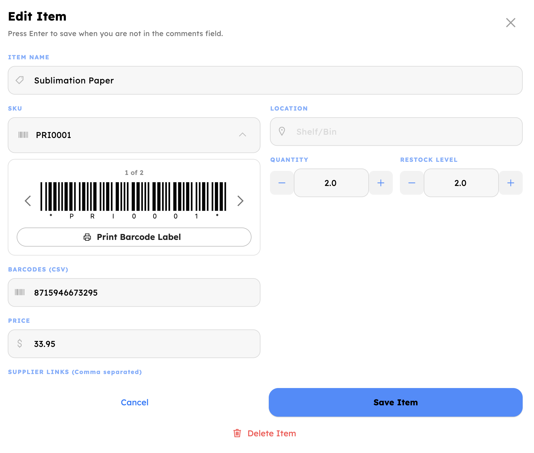 Stock Up Manager barcode printing feature
